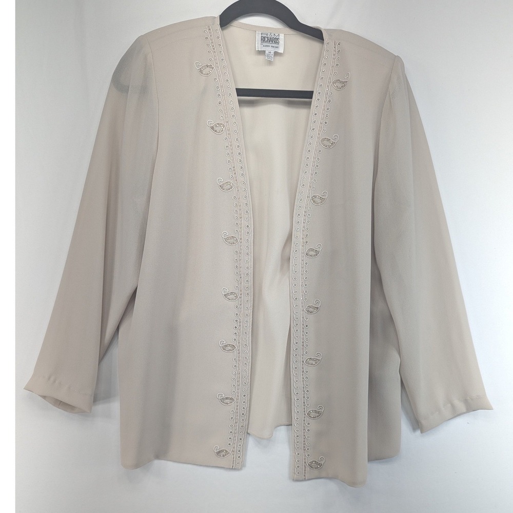 R&M Richards Karen Kwong Beige Paisley Beaded Open Front Jacket Size 14
